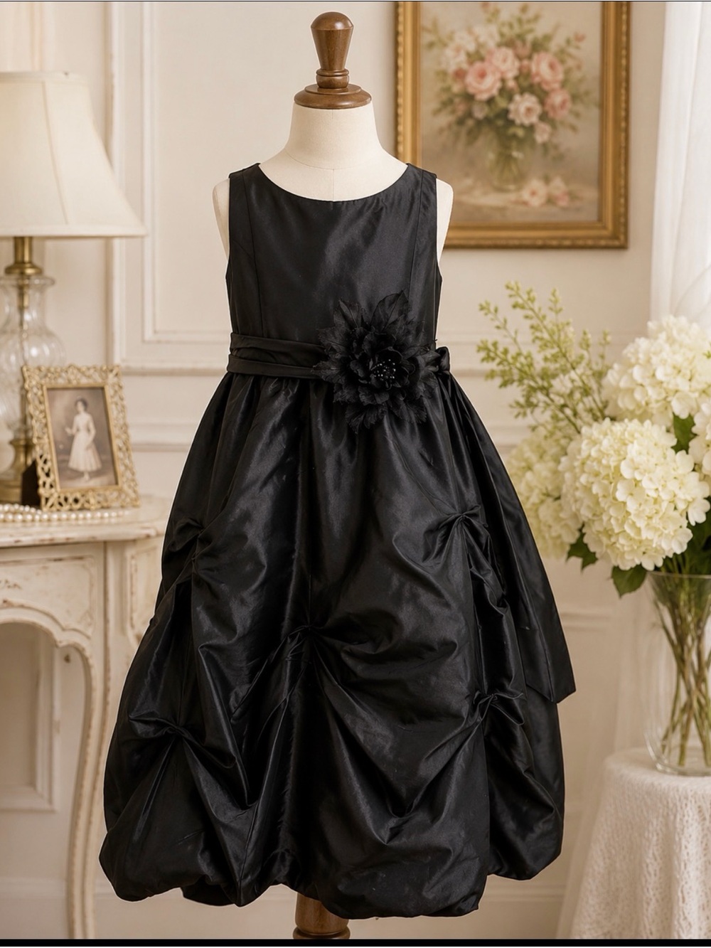 Chic Black Kids Formal Dress with Flower Detail size 6